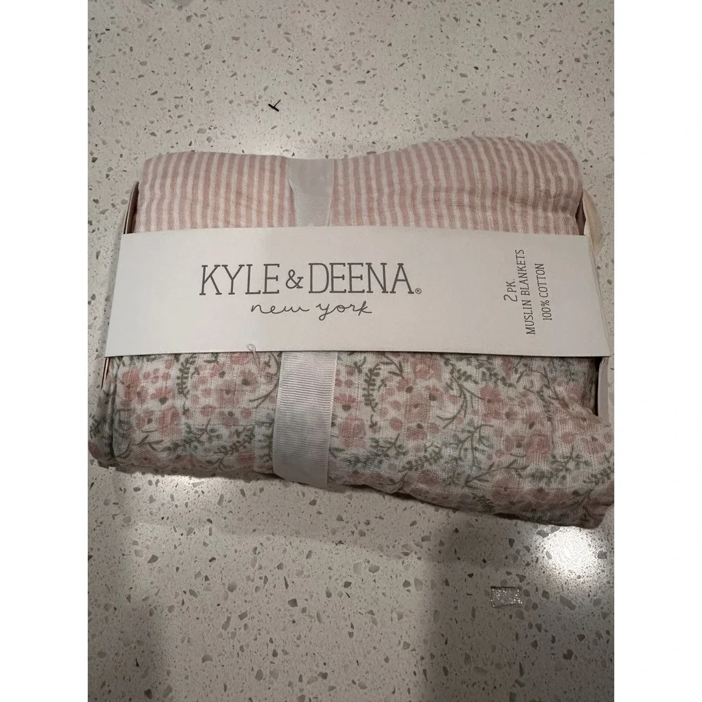 Kyle & Deena 2Pk Muslin Swaddle Blankets Pink Floral Stripe 100% Cotton 36x40